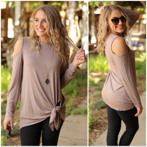Infinity Raine Tops - ✨LAST ONE✨Taupe Side Knot Cold Shoulder Tunic